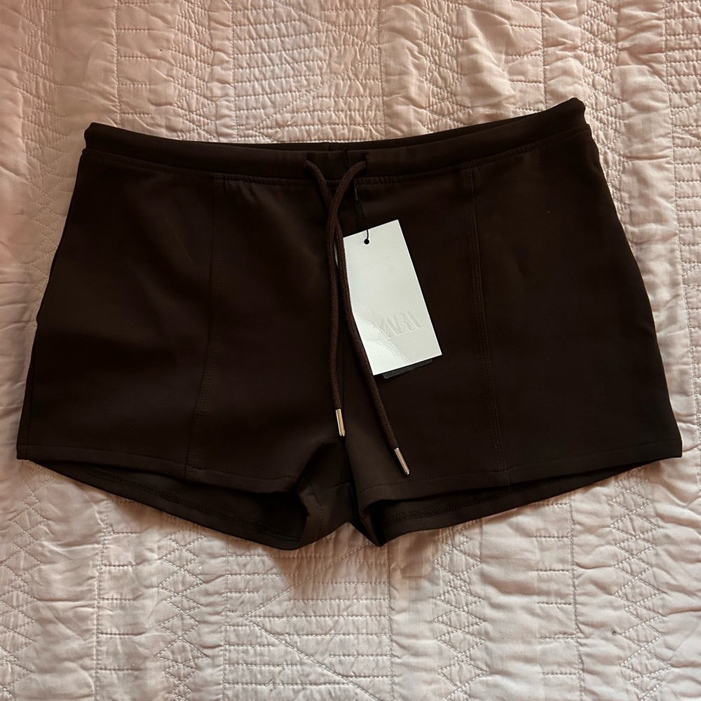 Zara cocao brown drawstring shorts with Matte Finish